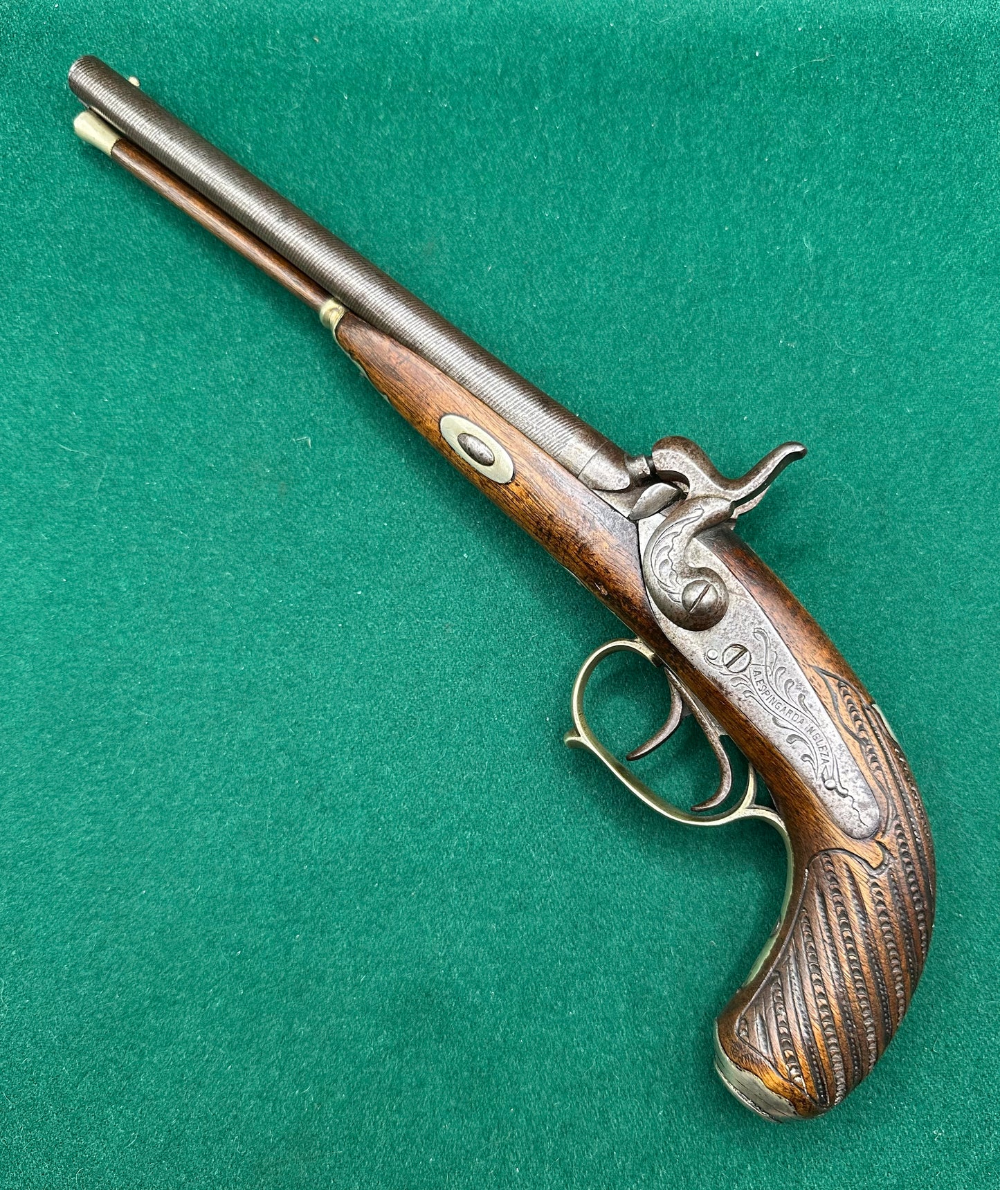 An elegant Half Stocked Double Barrelled Percussion Cap Travelling Pistol