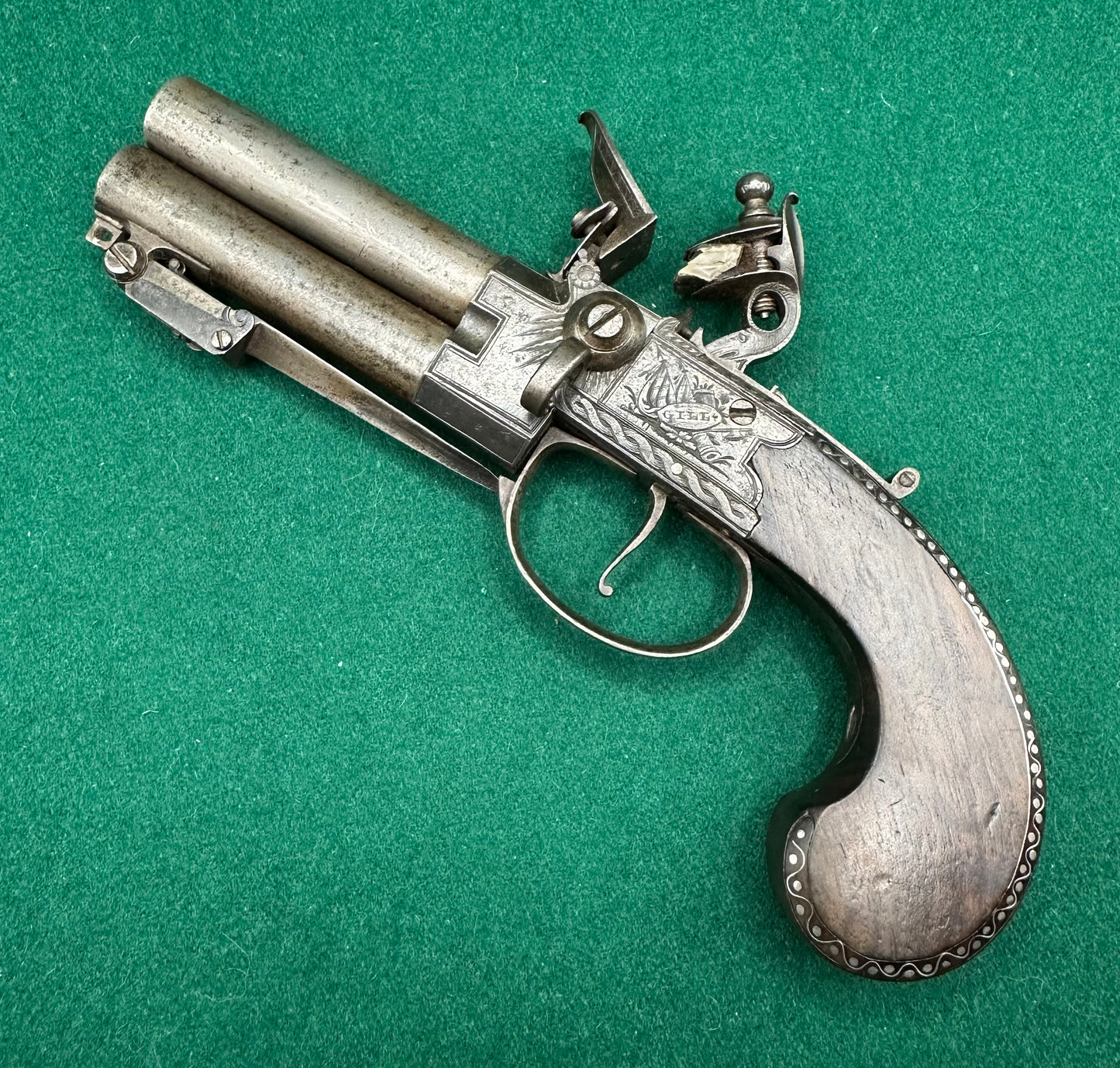 Stunning Over & Under Flintlock Tap Action Pistol With Folding Bayonet By Gill