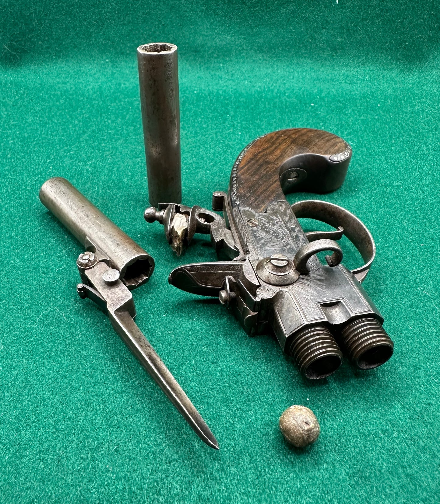 Stunning Over & Under Flintlock Tap Action Pistol With Folding Bayonet By Gill