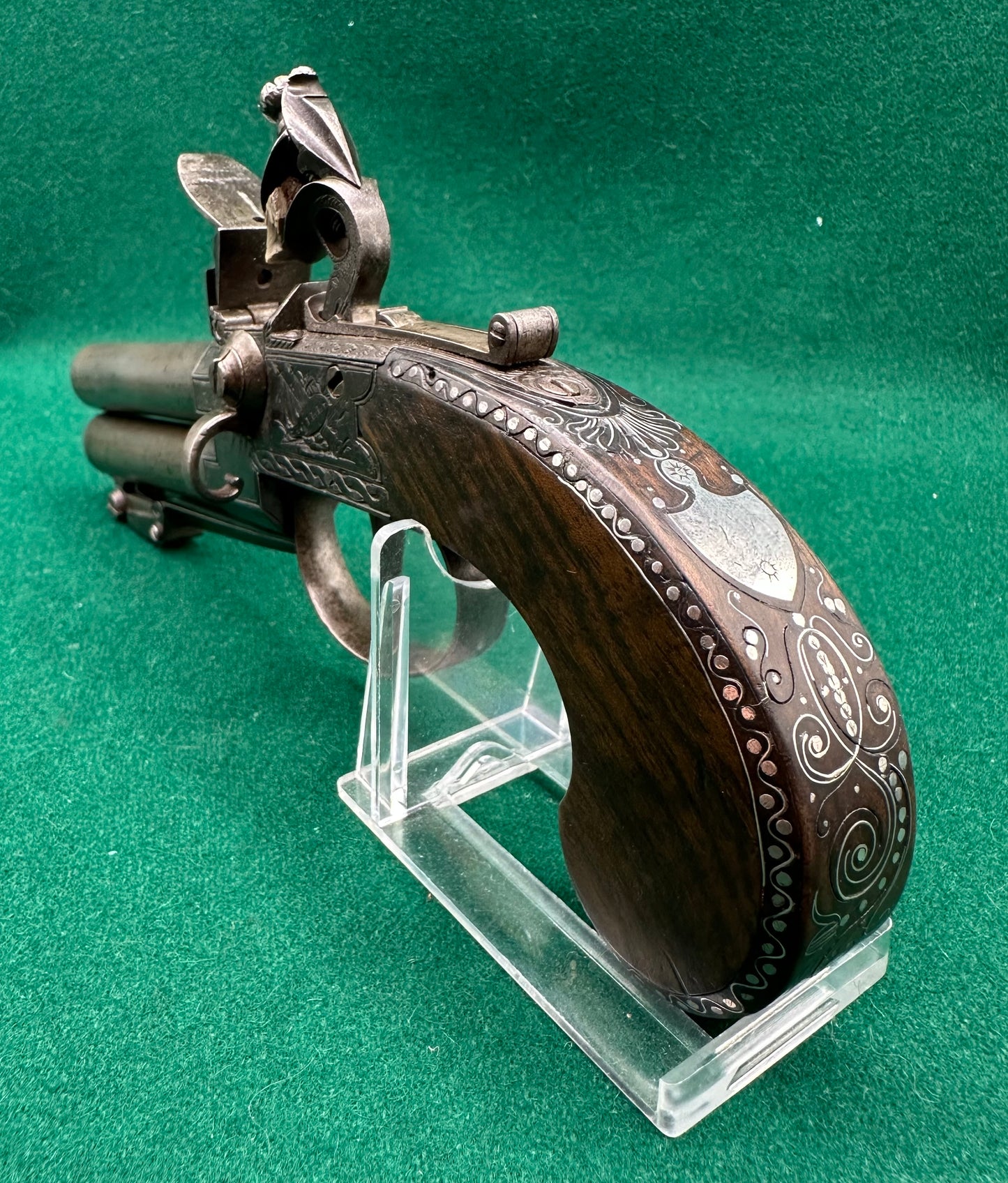 Stunning Over & Under Flintlock Tap Action Pistol With Folding Bayonet By Gill