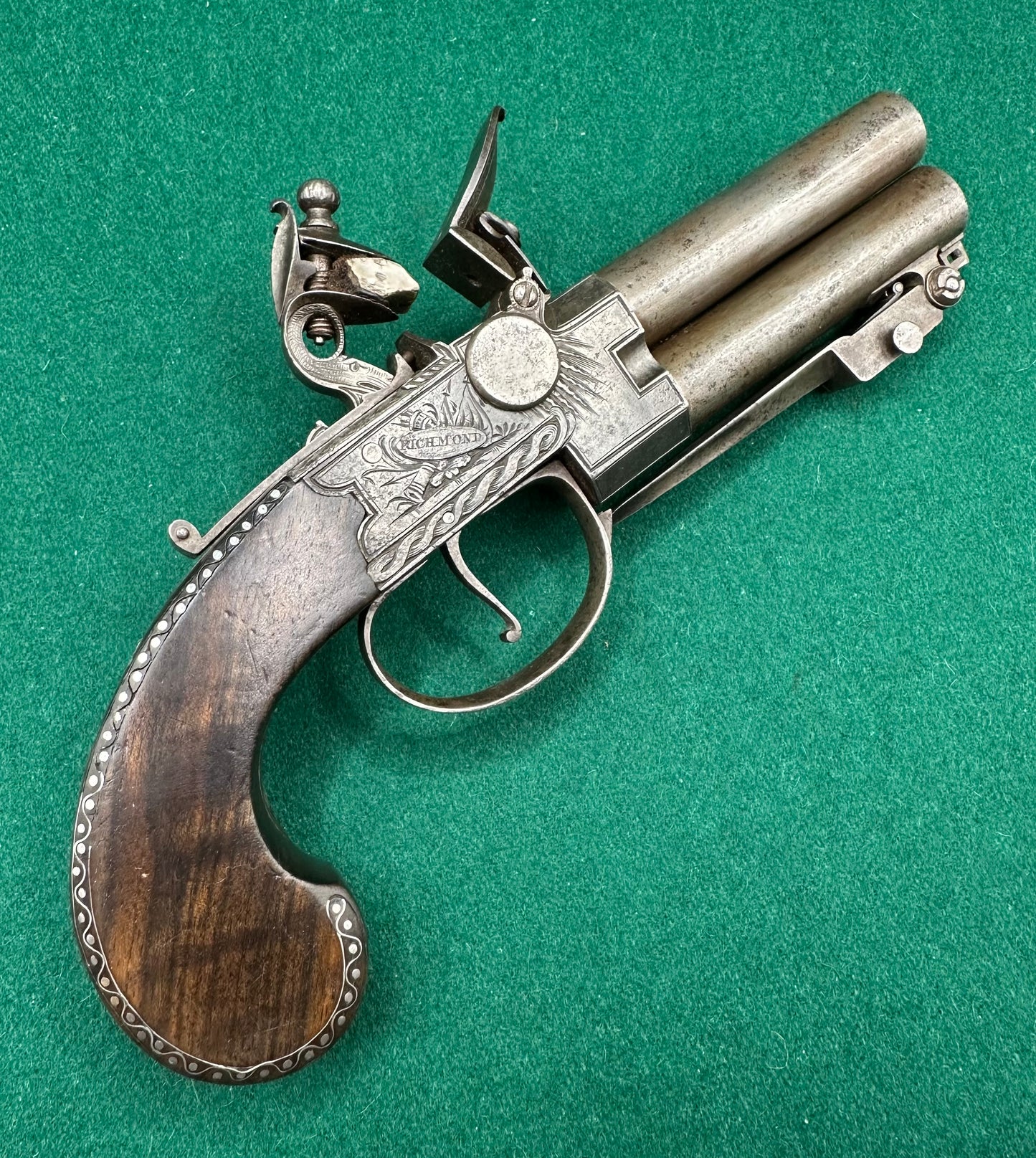 Stunning Over & Under Flintlock Tap Action Pistol With Folding Bayonet By Gill