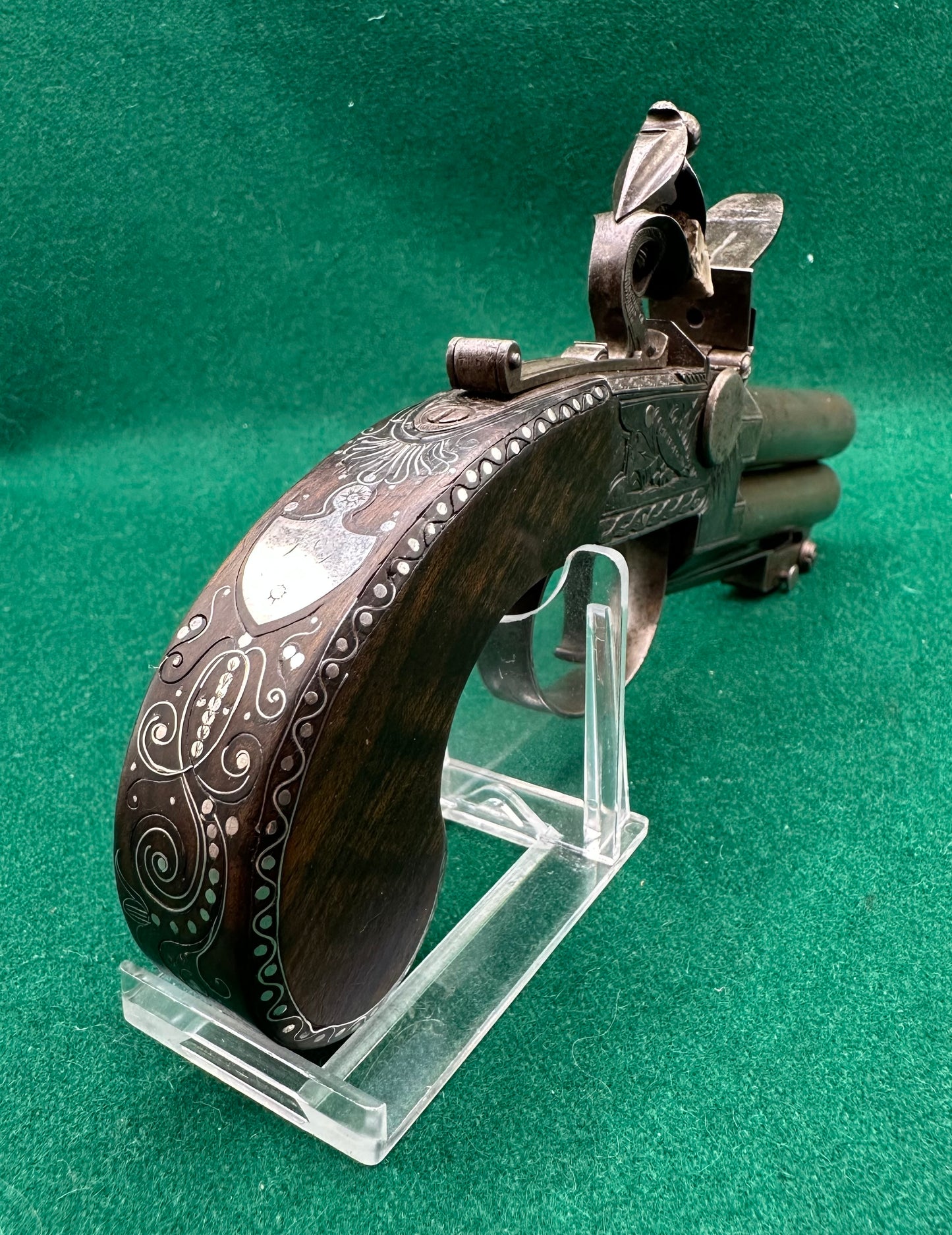 Stunning Over & Under Flintlock Tap Action Pistol With Folding Bayonet By Gill