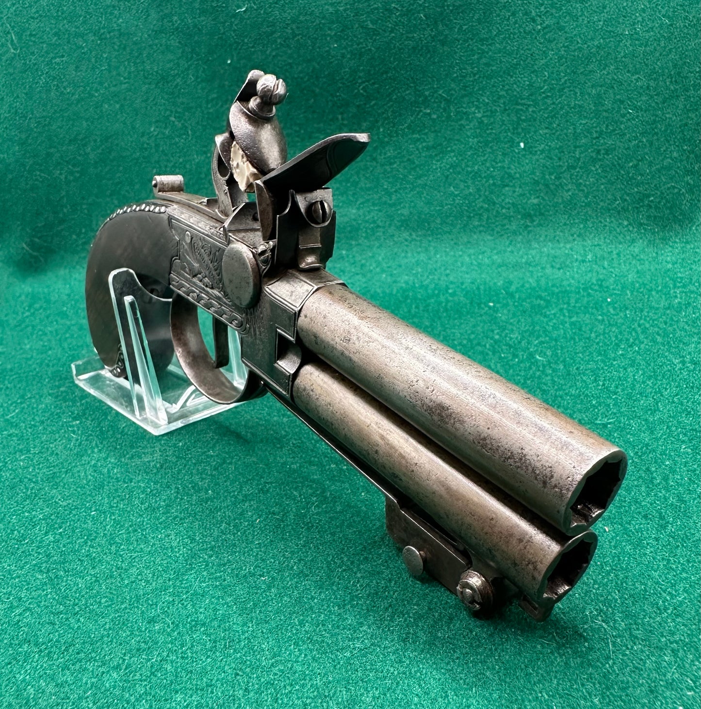Stunning Over & Under Flintlock Tap Action Pistol With Folding Bayonet By Gill