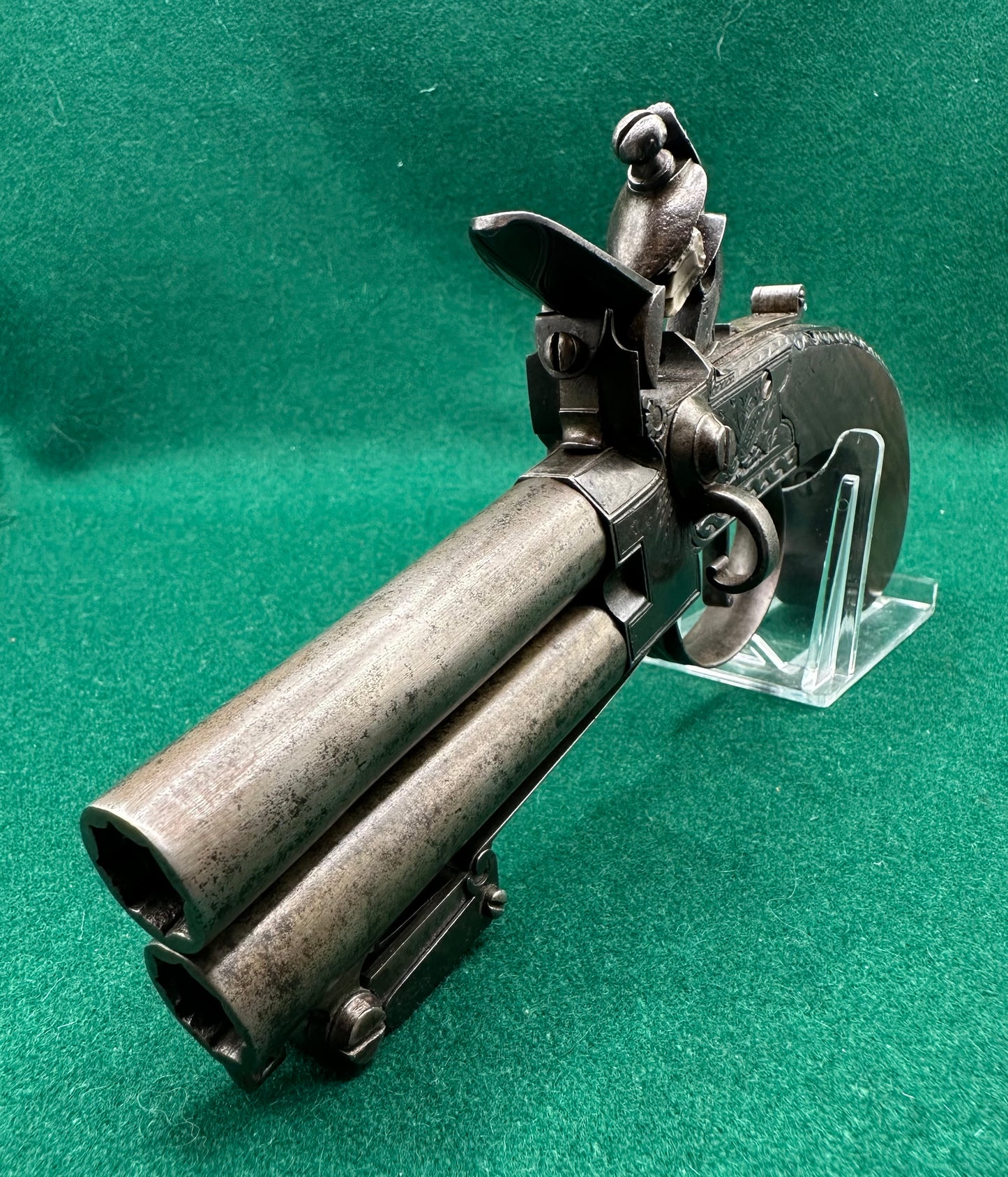 Stunning Over & Under Flintlock Tap Action Pistol With Folding Bayonet By Gill