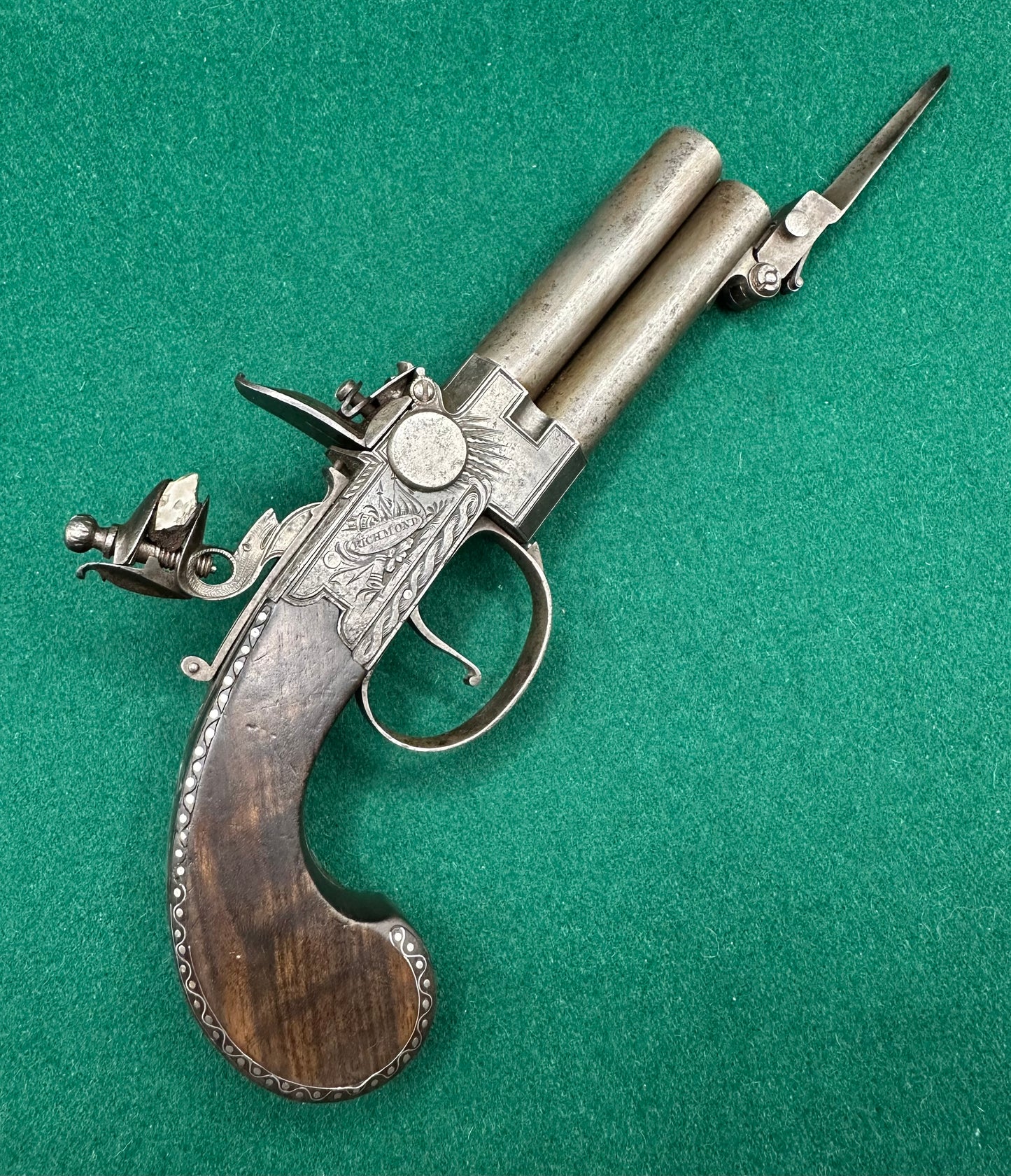 Stunning Over & Under Flintlock Tap Action Pistol With Folding Bayonet By Gill