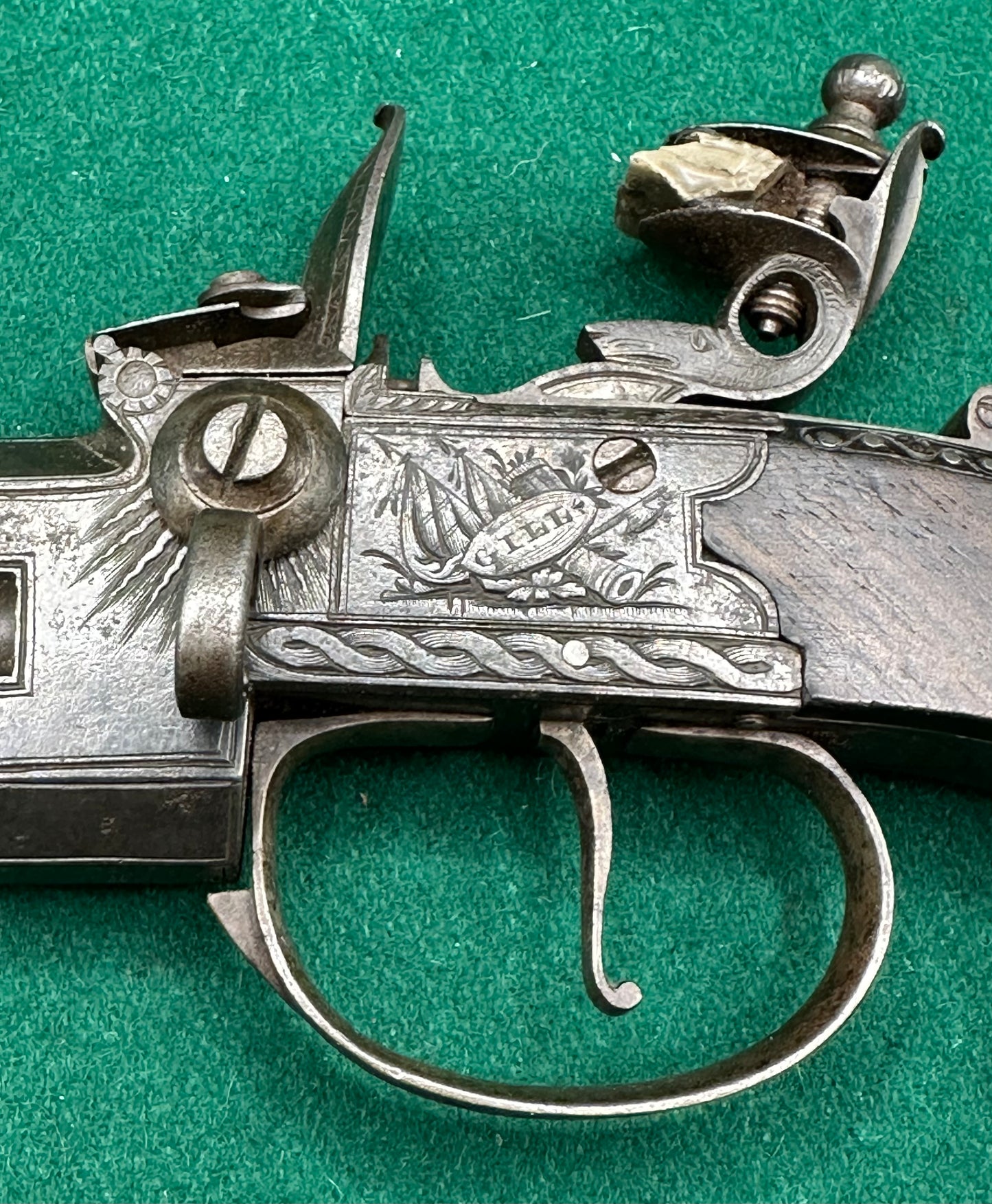 Stunning Over & Under Flintlock Tap Action Pistol With Folding Bayonet By Gill