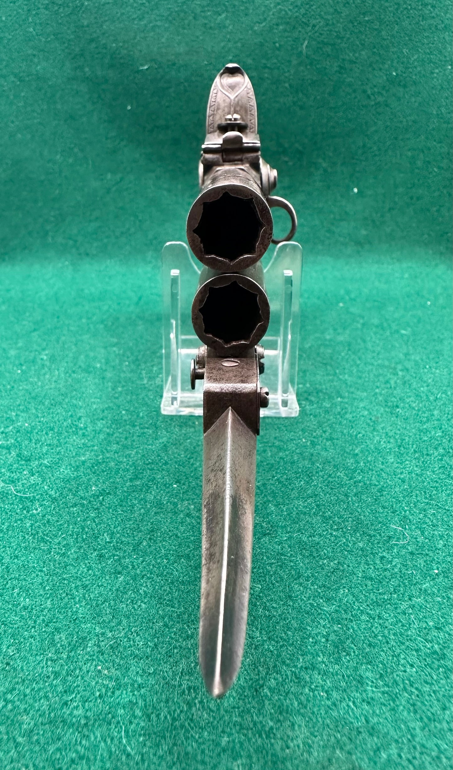 Stunning Over & Under Flintlock Tap Action Pistol With Folding Bayonet By Gill