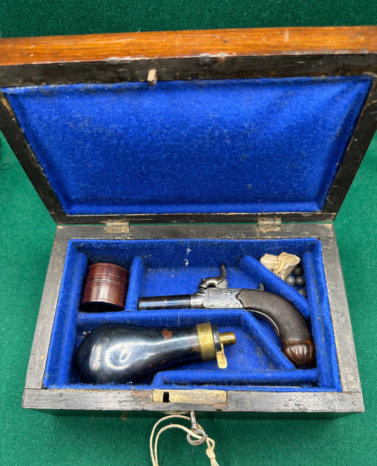 Attractive Little Percussion Cap Muff Pistol By Clark Of Cambridge In A Partitioned Jewellery Box