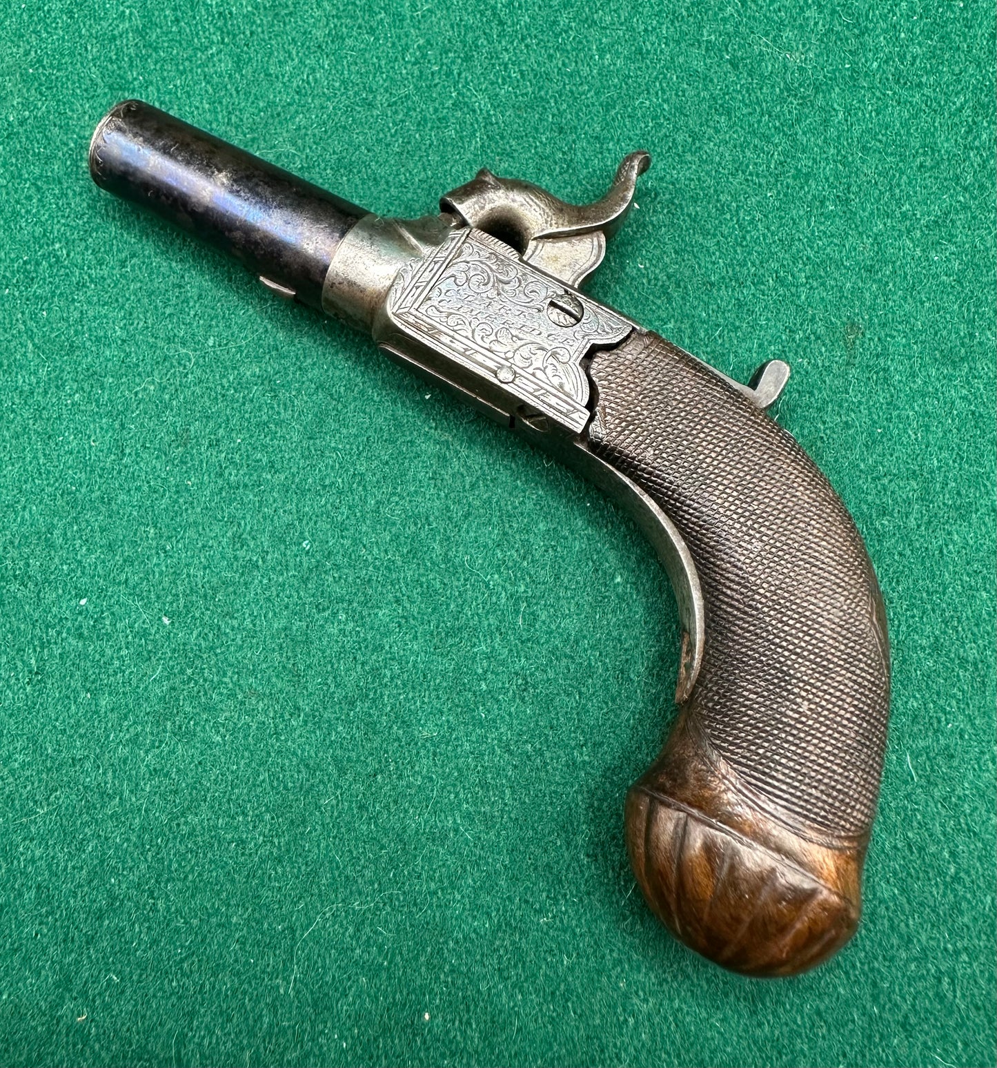 Attractive Little Percussion Cap Muff Pistol By Clark Of Cambridge In A Partitioned Jewellery Box