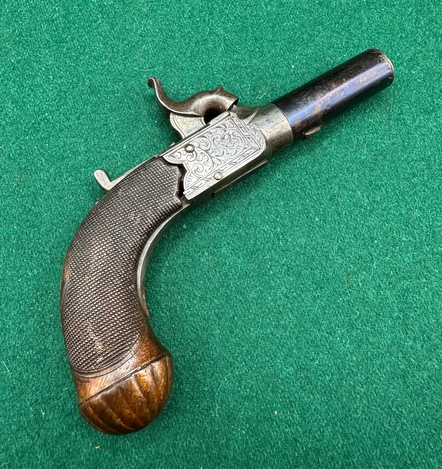 Attractive Little Percussion Cap Muff Pistol By Clark Of Cambridge In A Partitioned Jewellery Box