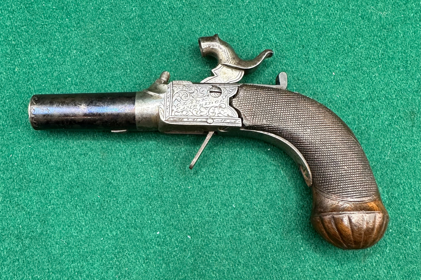Attractive Little Percussion Cap Muff Pistol By Clark Of Cambridge In A Partitioned Jewellery Box
