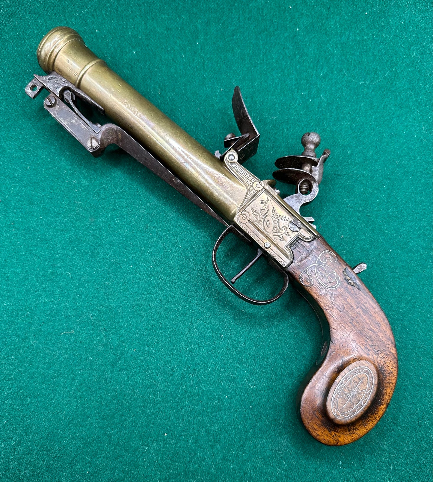 Very Handsome Cased Brass Flintlock Boxlock Blunderbuss Pistol In Its Case With Accessories