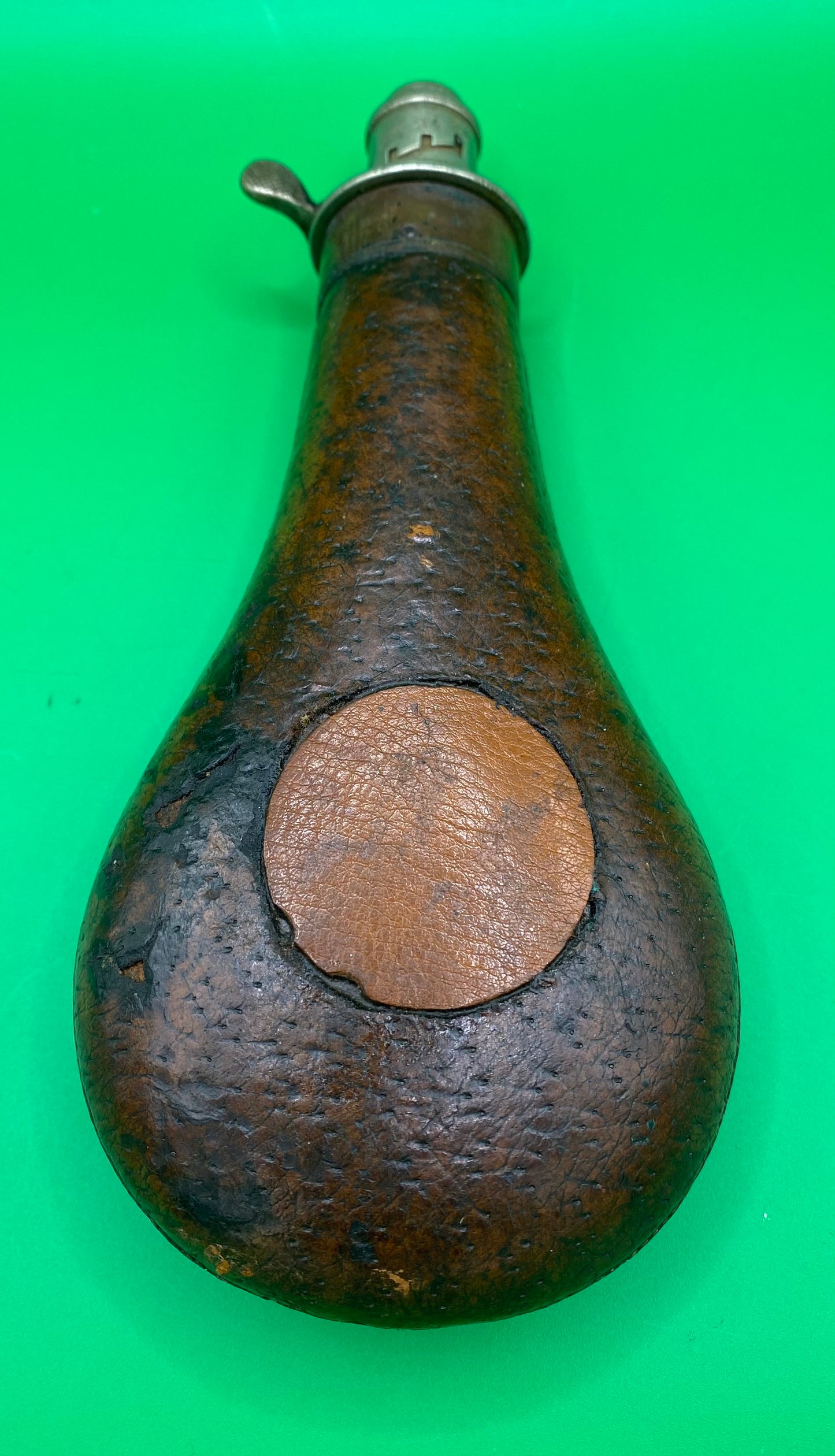 Leather Covered Brass and Copper Powder Flask