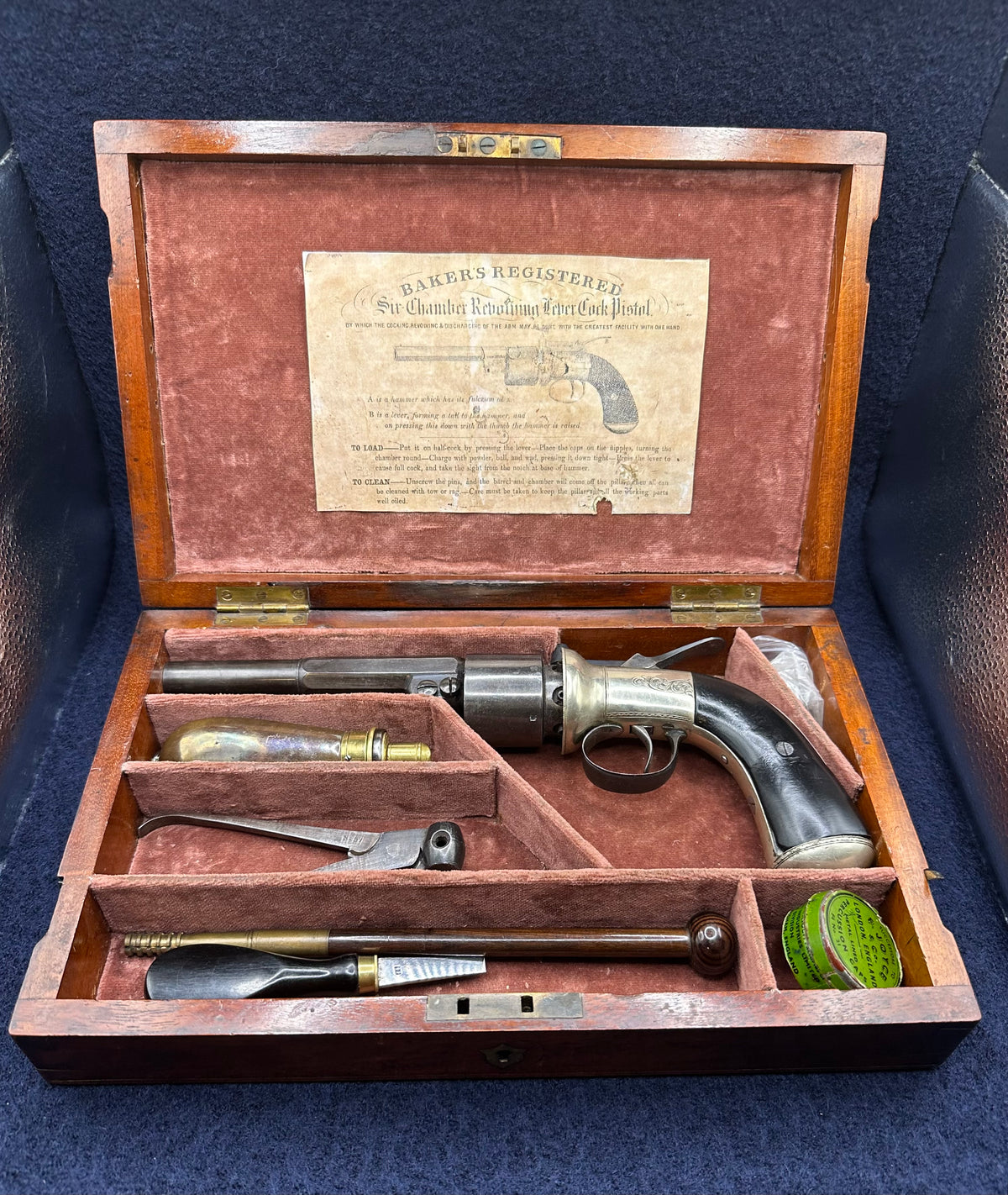 Scarce Cased Bakers Patent 6 Shot Longspur Transitional Revolver