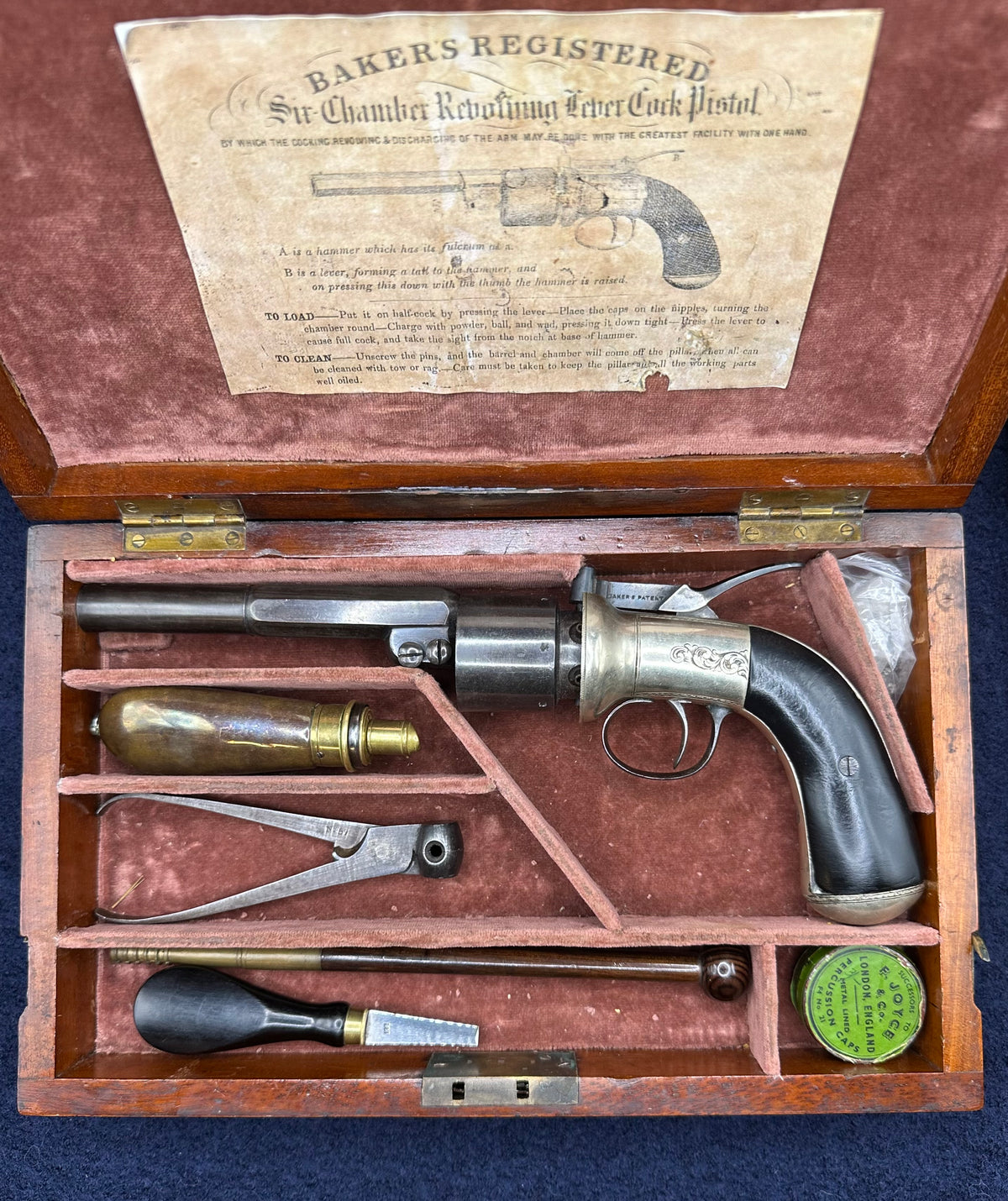 Scarce Cased Bakers Patent 6 Shot Longspur Transitional Revolver