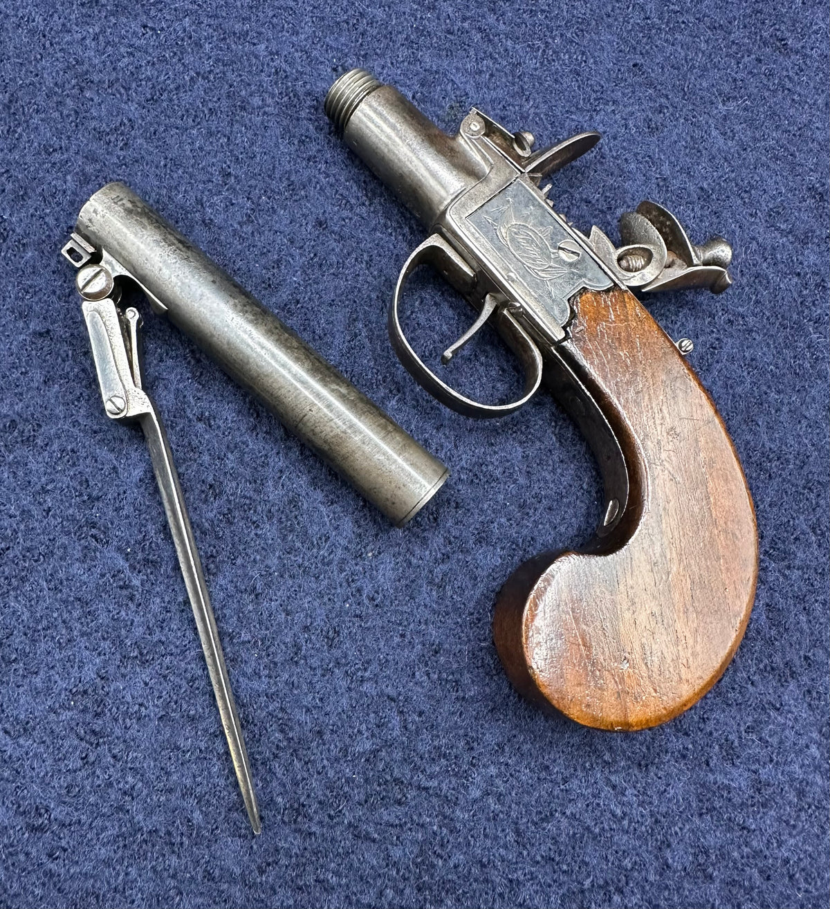 Long Barrelled Boxlock Flintlock Overcoat Pistol With Sprung Bayonet By Twigg