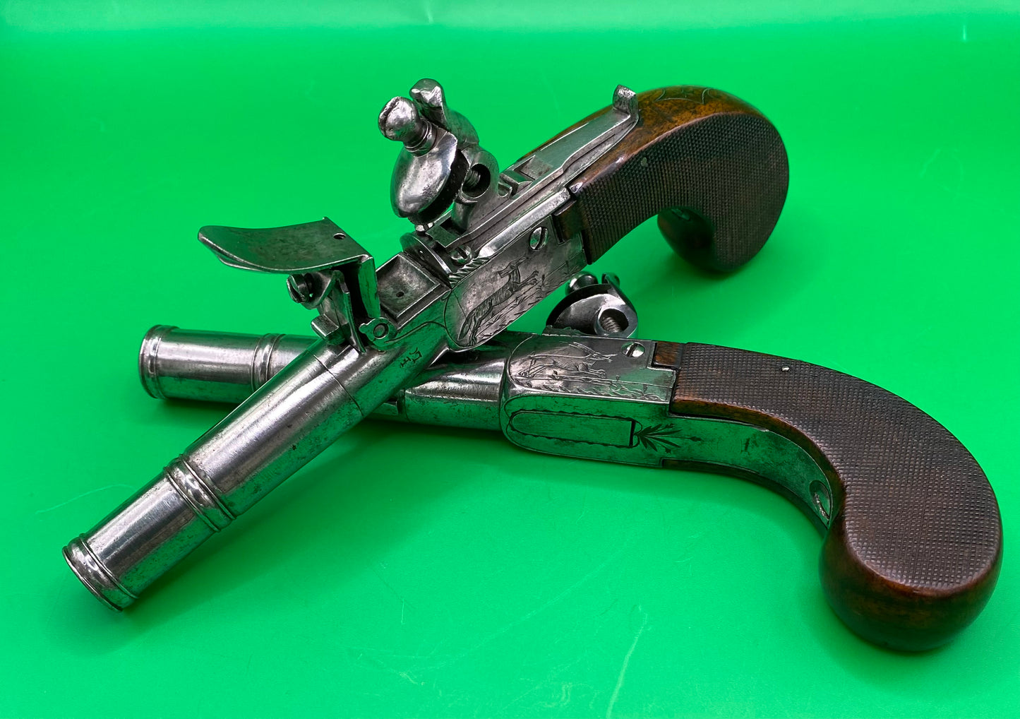 Pair of Belgian Cannon Barrel Flintlock Pocket Pistols in Fine Condition