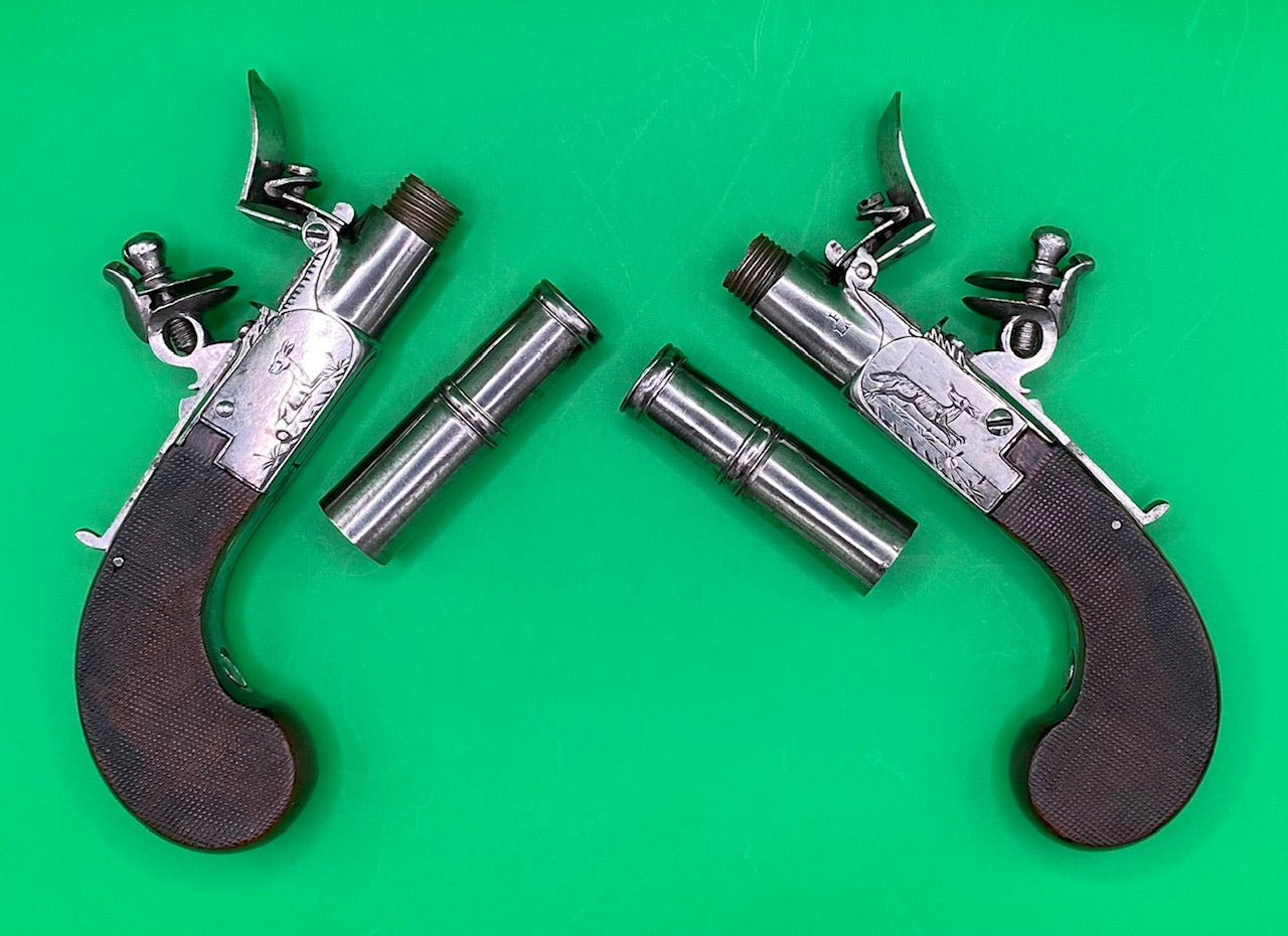 Pair of Belgian Cannon Barrel Flintlock Pocket Pistols in Fine Condition